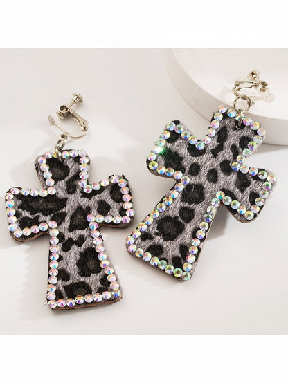 Y2K Cross Rhinestone Ear Clips with Leopard Print - WhaleHall