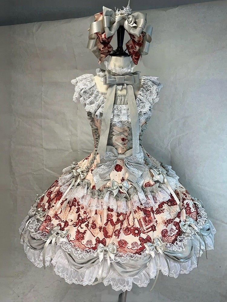 Crimson Lace-Trimmed OP Dress with Floral & Card Motif - Rosede Cheese