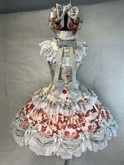Crimson Lace-Trimmed OP Dress with Floral & Card Motif - Rosede Cheese