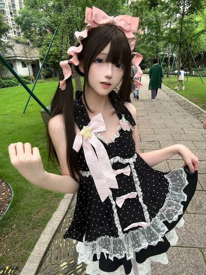 with Skirt Dot Bow Cherry and Halter Details Black Contrast Top Polka / Candy Patches