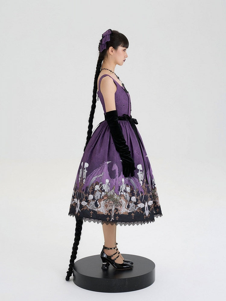 Purple Square Neck Skeleton Cross Gothic JSK - NnSTAR