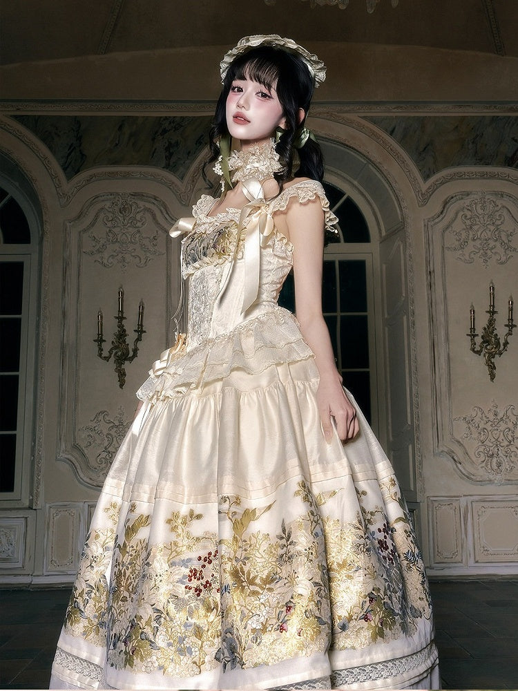Retro Beige Floral Lace-Trimmed A-Line Skirt - Yimu Walnut