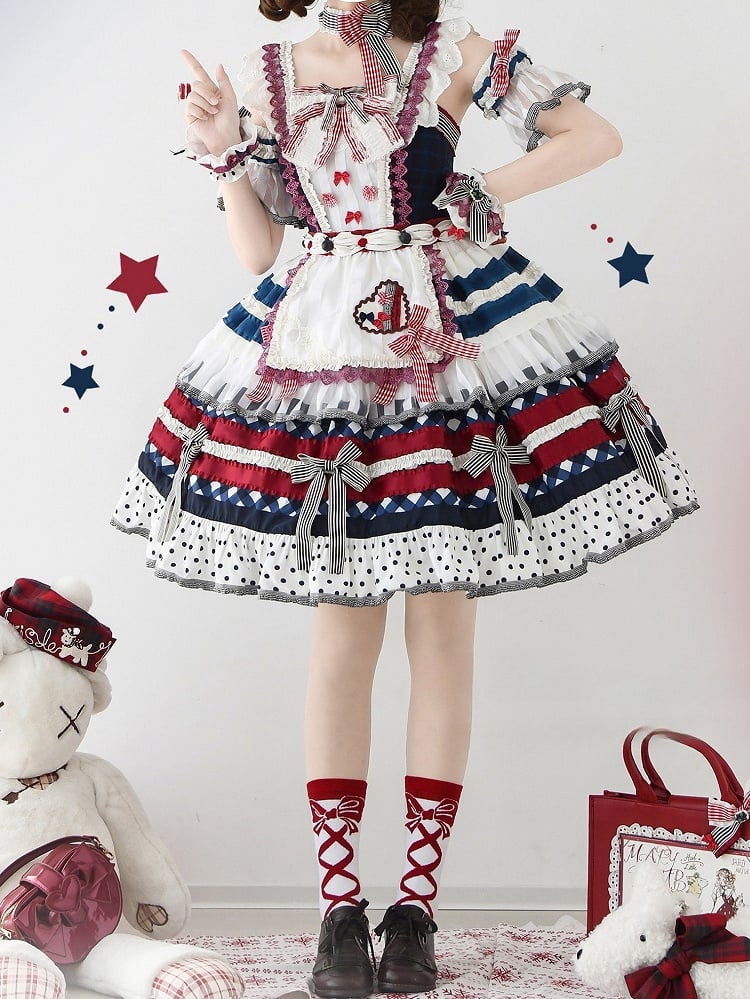 Lolita Rote Schleife Kuchen Akzente Stufen und Blaues Kleid Dunkler Rock Blaubeere Süß