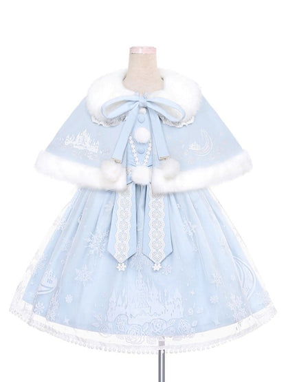 Lolita Jumper Cape Light Print Castle Skirt Plush Snow Moon with Trim Overlay Blue Set