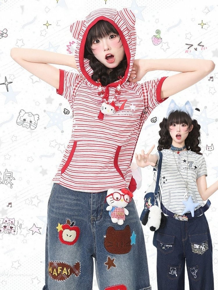 Gray Striped Short Sleeve Hoodie with Kitty Ears - Languid Park