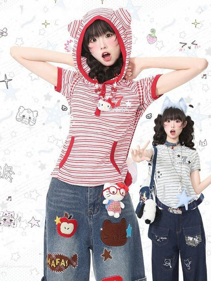 Gray Striped Short Sleeve Hoodie with Kitty Ears - Languid Park