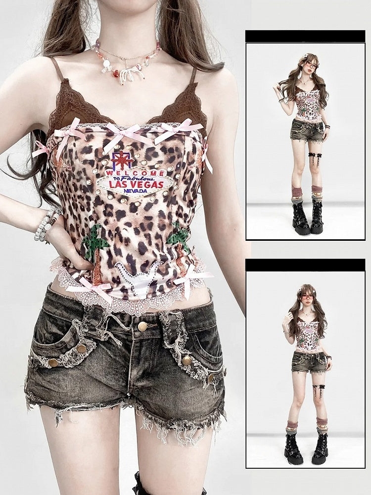 Mit trägerlosem Leoparden-Cami-Top, gepolstert, rosa Muster, Körbchen, braun