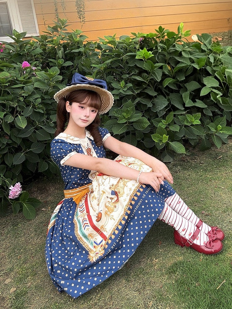 Short Dark Blue Musical Print Peter Pan Collar OP Dress with Tassels - Crucis Universal Tailor Company