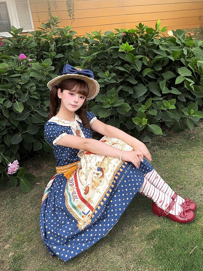 Short Dark Blue Musical Print Peter Pan Collar OP Dress with Tassels - Crucis Universal Tailor Company