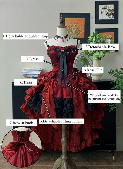 Lolita Bouquet Strapless Boned Red Gothic Hem with Black Rose Dress