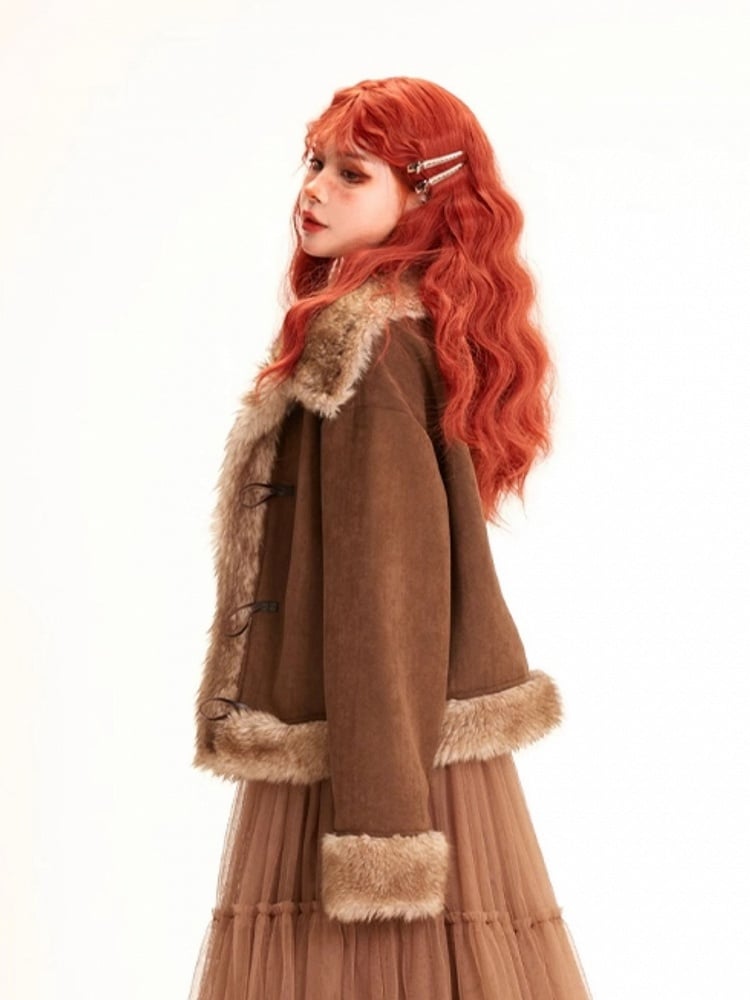 Fashion Toggle Front Coat Khaki Suede Fur Millard Trim with Faux Short