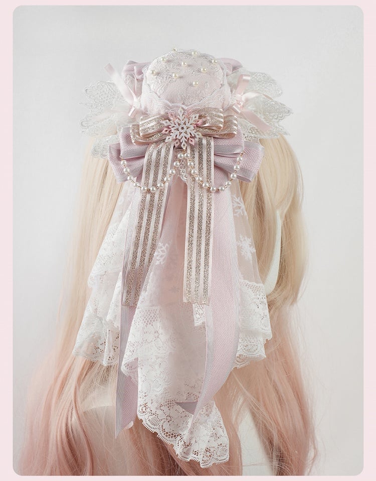 ピンクの大きなリボンレーストリム、スノーフレークビーズチェーンミニハット+スノーフレークレースベール