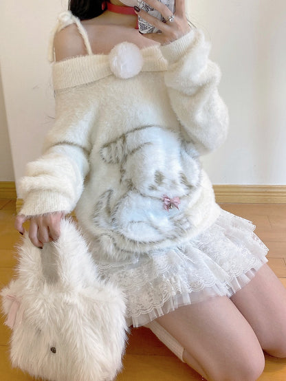 with Plush Pink Sweater Bow Off-Shoulder Beige Kawaii Puppy Details Bell