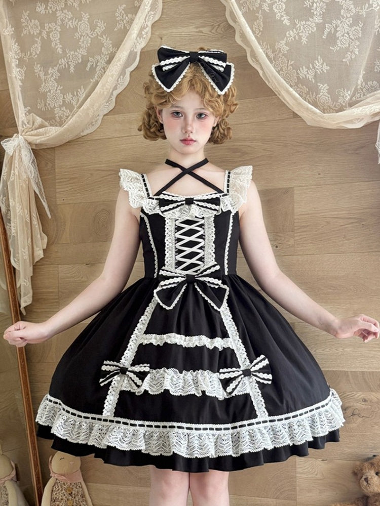 Black Lolita Bow KC with White Lace Trim