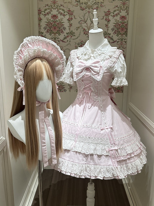 Snowy Pink Cotton JSK Dress with Ruffle Edging
