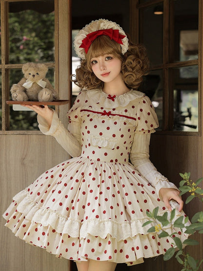 Beige and Red Dotted Puff-Sleeve Lolita OP Set with Apron and Bonnet - With PUJI