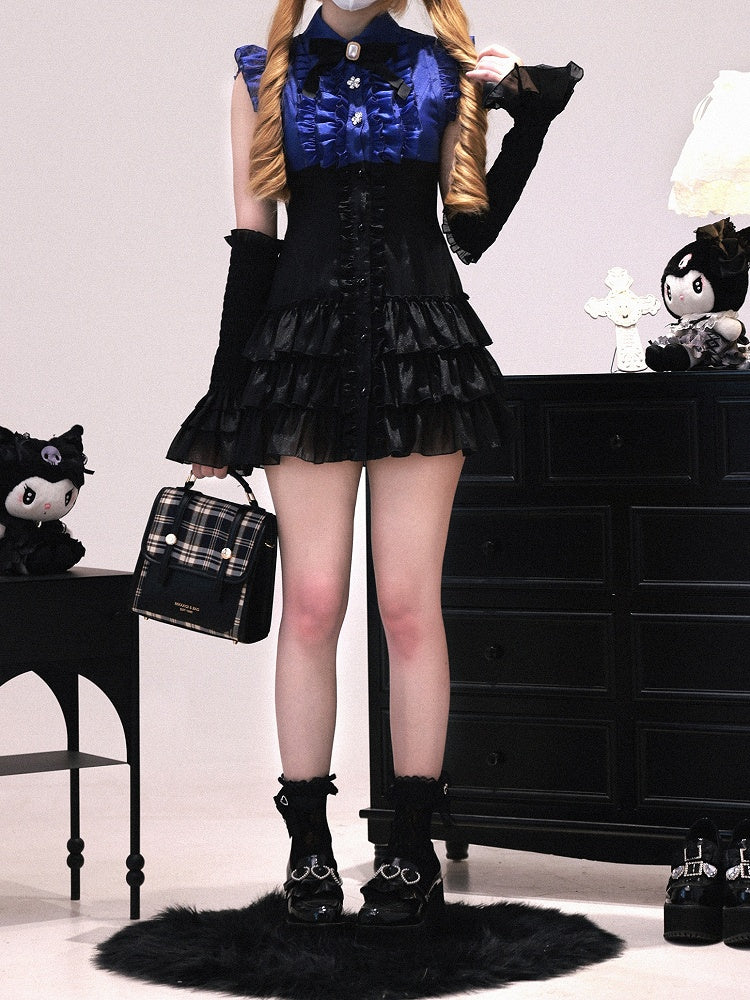 Faux Tiered Placket with Two-Piece Sleeves Ruffle Kei Arm Black and : Jirai Flutter Blue Dress