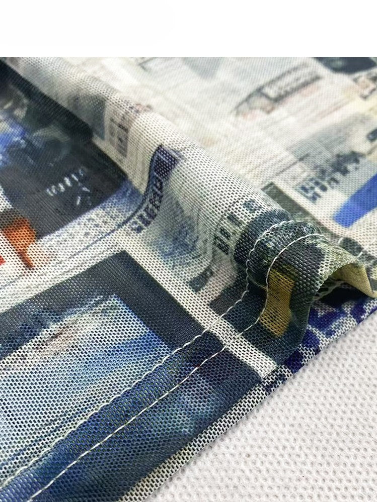 Sleeve Y2K Long Print Colorful Newspaper Top Glamorous Neckline Off-the-shoulder