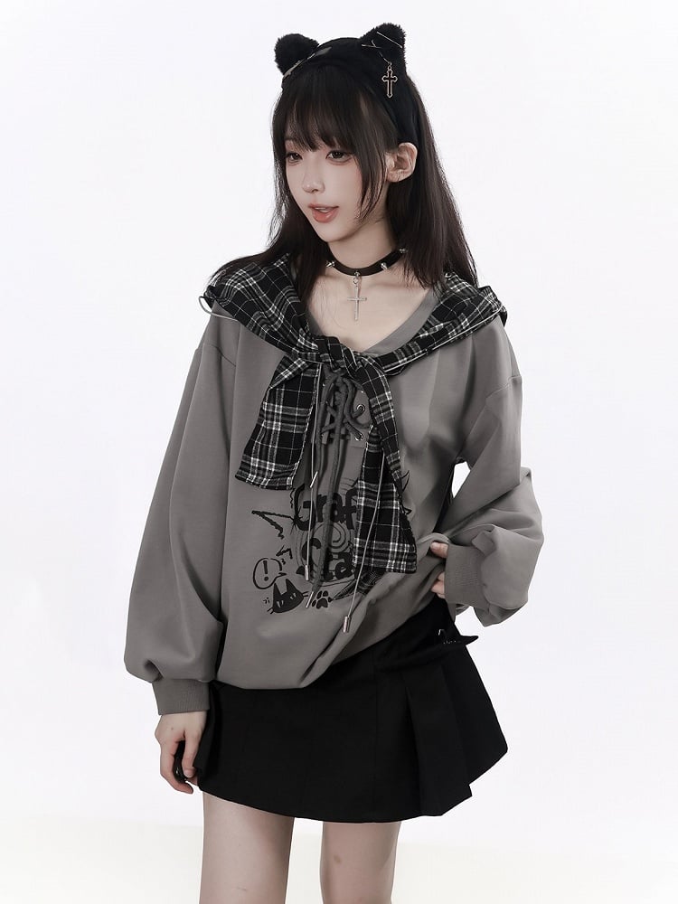 Gray Graffiti V-Neck Sweatshirt with Detachable Plaid Hooded Shawl & Lace-Up Detail - PINK SAVIOR