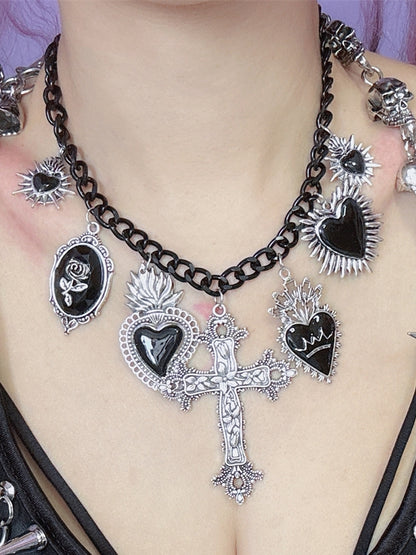 Herz Halskette Rot/Schwarz Y2K Kreuz Anhänger Floral Und