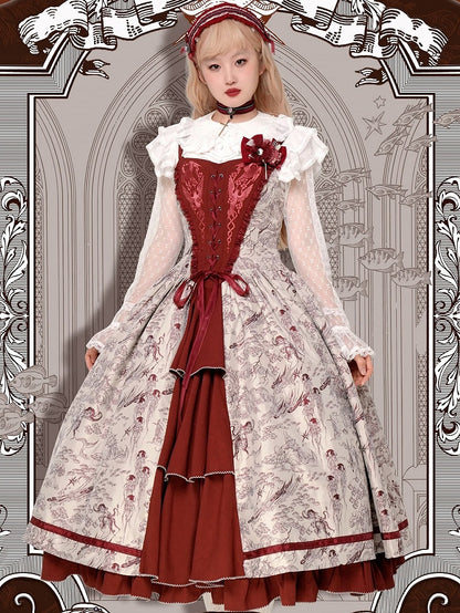 Animals and Bodice Elegant Forest with Corset Print Lolita Dress Red