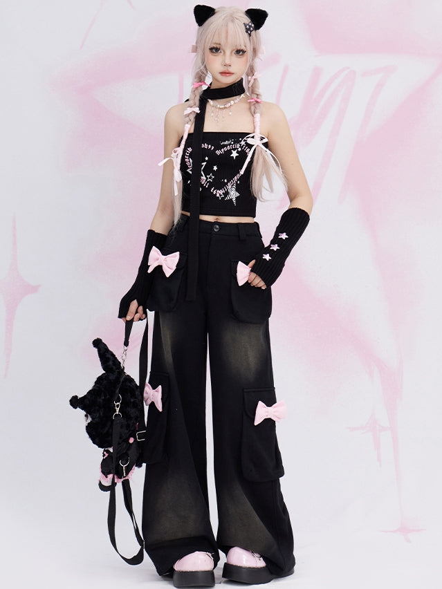 Black Bowknot Details Cargo Pockets Straight-leg Cut Jeans