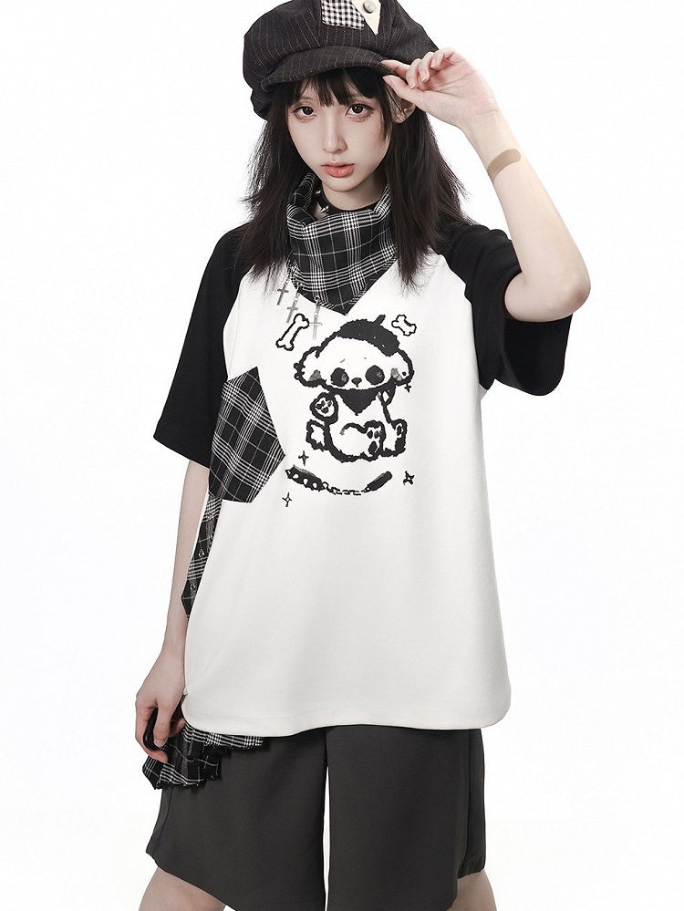 Black & White Puppy Print Raglan Tee with Plaid Neckerchief & Cross Charm Set - PINK SAVIOR
