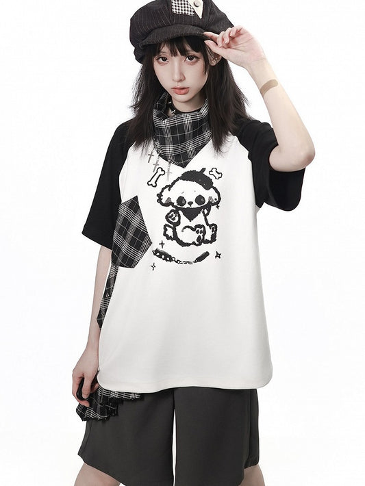 Black & White Puppy Print Raglan Tee with Plaid Neckerchief & Cross Charm Set - PINK SAVIOR