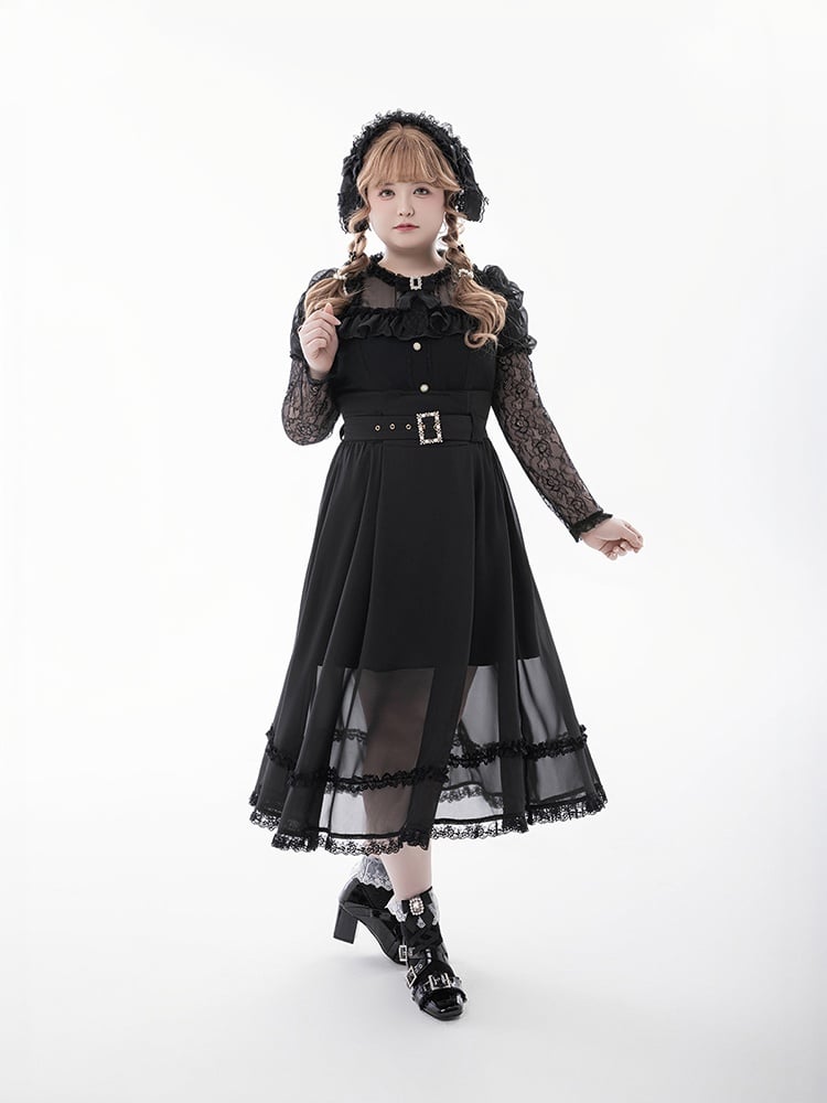 Tie Black Illusion Neckline Juliette Sleeves Jirai Kei Lace Blouse+Bow