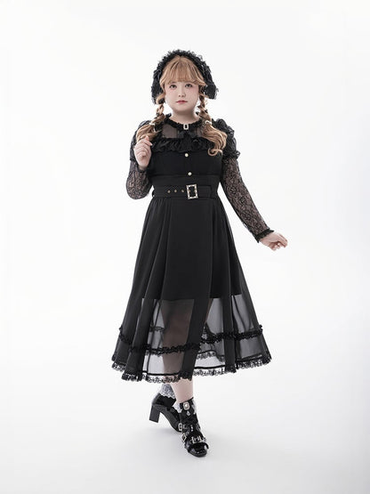 Tie Black Illusion Neckline Juliette Sleeves Jirai Kei Lace Blouse+Bow