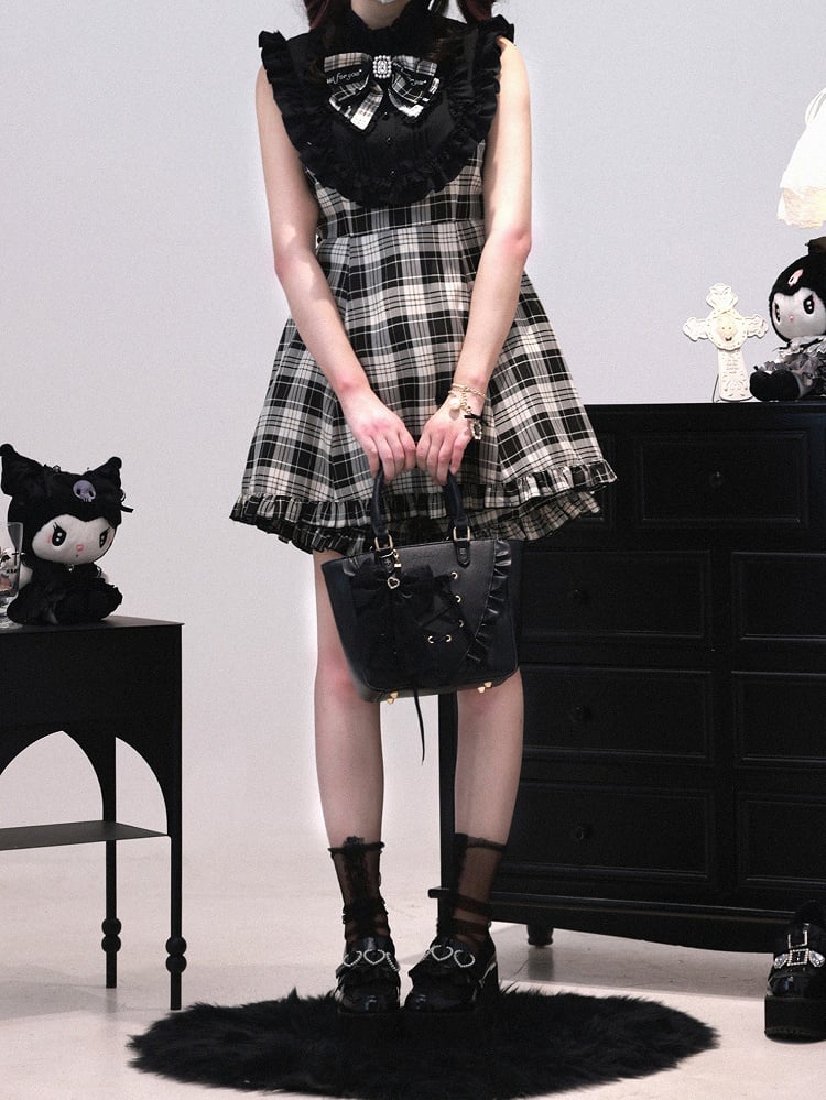 + 3-in-1 Set: Design Jirai Convertible Beige Kei Shorts Sleeve Black | Dress Plaid