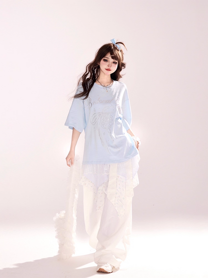 ツーピースウエストハンカチ裾ワイドレッグパンツホワイトローフェイク