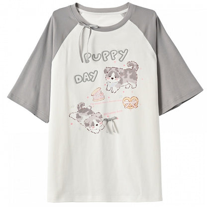 Gray Adorable Puppy Print Bowknot Long/Short Detail Version T-Shirt