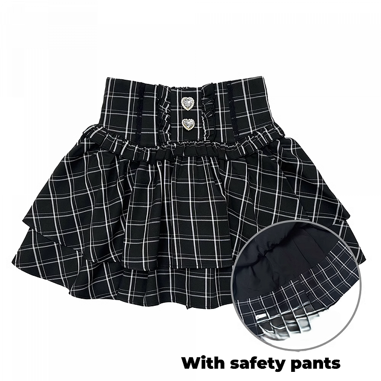 Tiered Skirt Rhinestones Embellished Jirai Kei Black/White/BlackWhite Heart