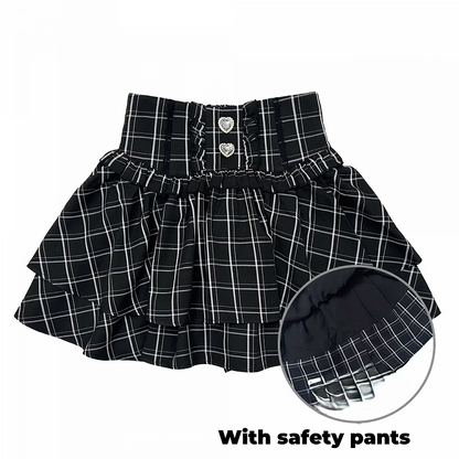 Tiered Skirt Rhinestones Embellished Jirai Kei Black/White/BlackWhite Heart