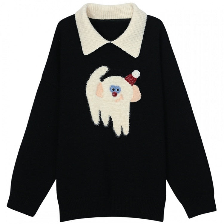 Cute Monkey Pattern Navy Blue Polo Collar Sweater