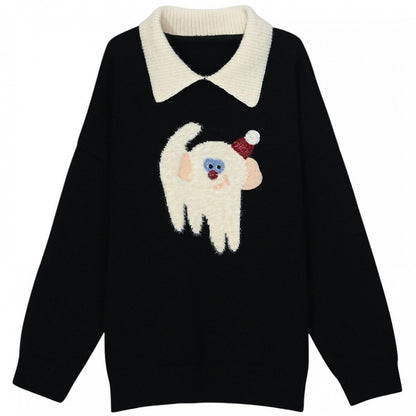 Cute Monkey Pattern Navy Blue Polo Collar Sweater
