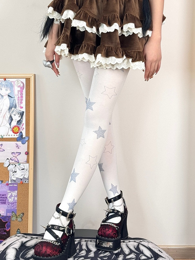 Sweet Tights Print White Star Lolita