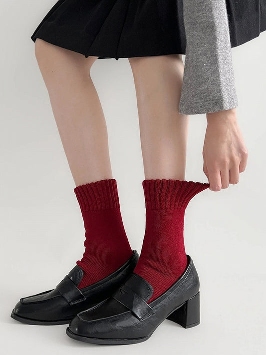 Short Crew Fine Socks Warm Red Rib