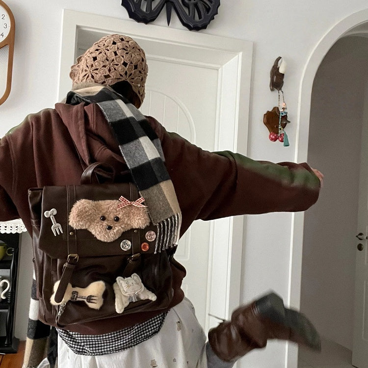 Preppy Brown | Backpack Puppy Vintage Flap with Plush Style Fold-Over Y2K