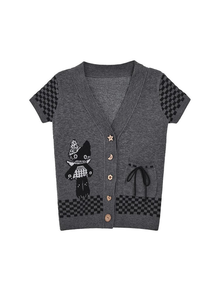 with Cardigan Cat Daily Checked Kawaii Dark Sleeve Pattern Motif Short Gray