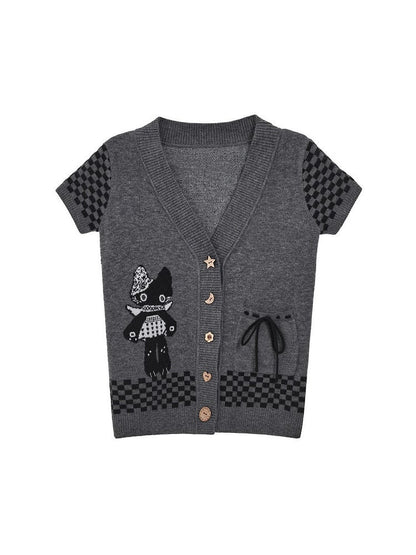 with Cardigan Cat Daily Checked Kawaii Dark Sleeve Pattern Motif Short Gray