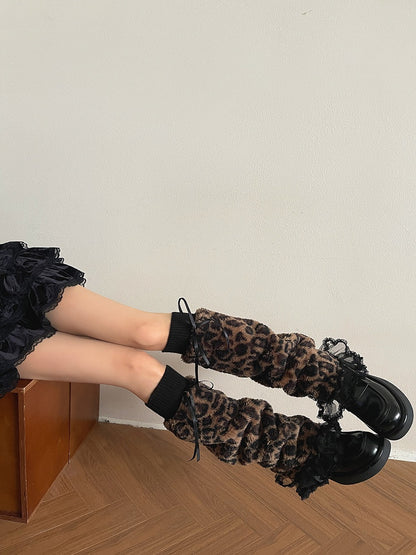 Plush with Trim Leopard and Ruffle Bowknot Y2K Warmers Decorations Leg Pattern