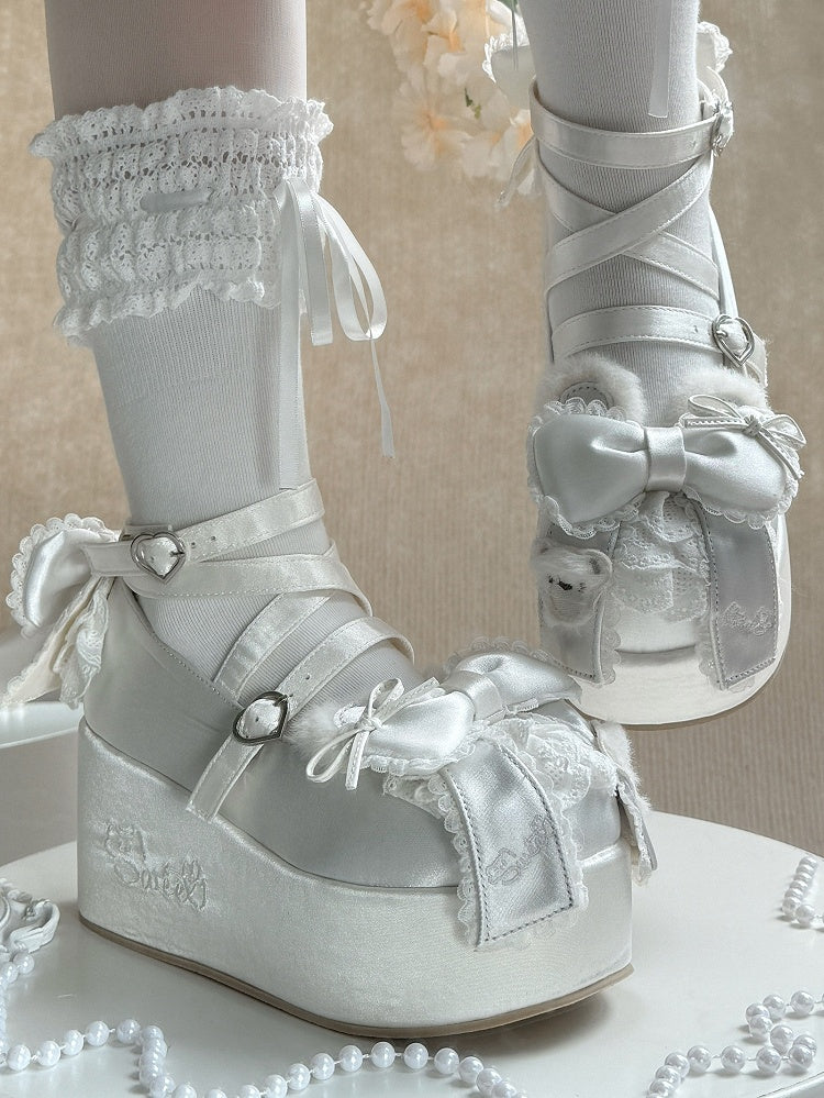 White Ears Janes - Platform Lolita Sweet Mary Satin Bear Plush