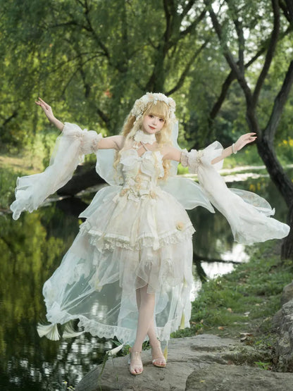 Lolita Fairycore Kleid JSK Beige Volles Design Prinzessin und Set Schmetterling Blumen