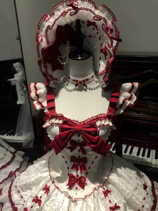 Bonnet White Bowknot Lolita and Decorated Red