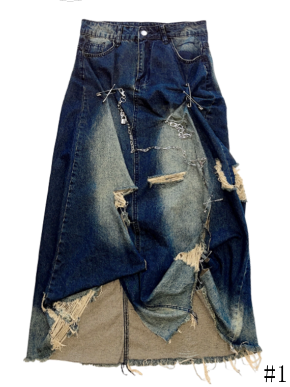 Accents Distressed Skirt Chain Maxi with Slit Blue Denim