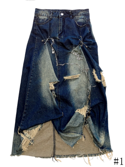 Accents Distressed Skirt Chain Maxi with Slit Blue Denim