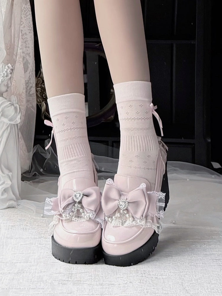 Pink Heart Bowknot 7CM Heel Shoes with Lace & Pearl Chain - Sarina