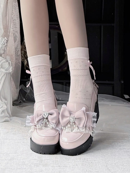 Pink Heart Bowknot 7CM Heel Shoes with Lace & Pearl Chain - Sarina